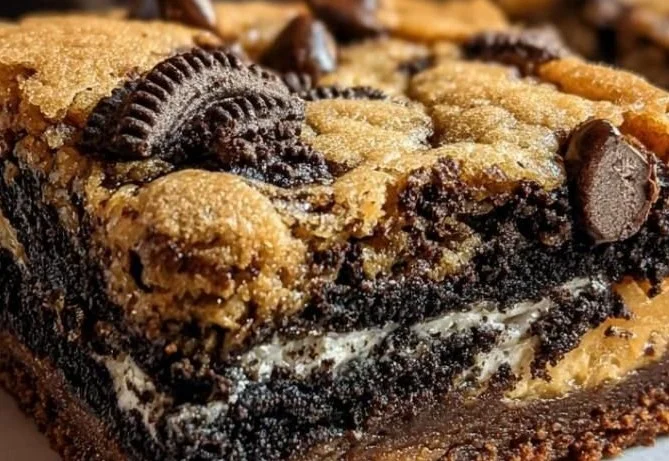 Decadent slutty brownies with cookie dough, brownie mix, and Oreo cookies