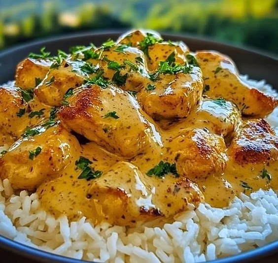 Delicious smothered chicken served with rice on a plate