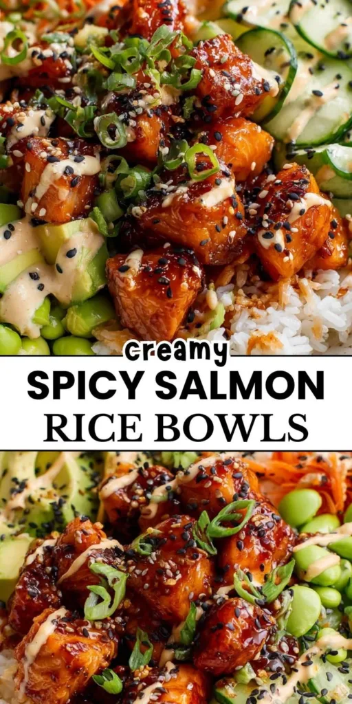 Delicious spicy salmon rice bowl with fresh ingredients and vibrant colors