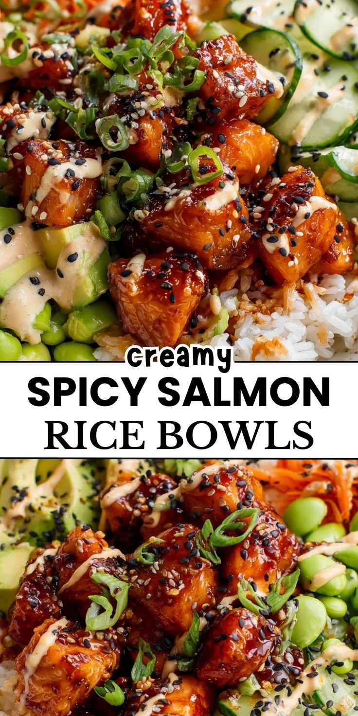 Delicious spicy salmon rice bowl with fresh ingredients and vibrant colors