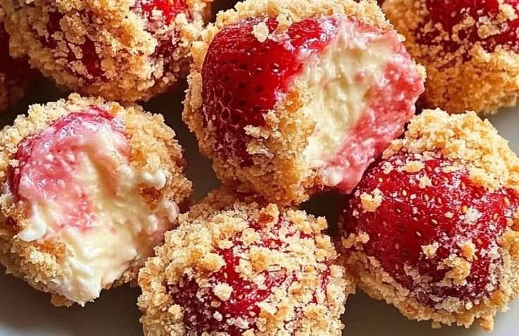 Strawberry Cheesecake Crunch Bites on a plate, topped with fresh strawberries.