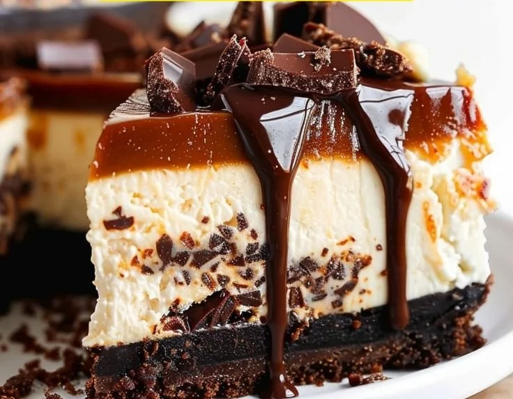 Delicious turtle cheesecake topped with caramel, chocolate, and pecans.