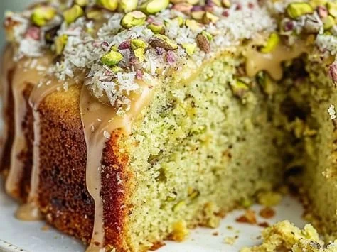 Delicious Vegan Pistachio Coffee Cake topped with nuts and icing.