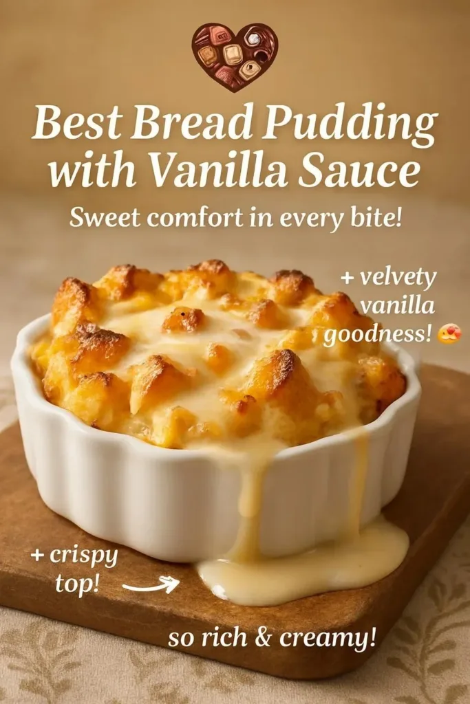 Delicious bread pudding served with rich vanilla sauce