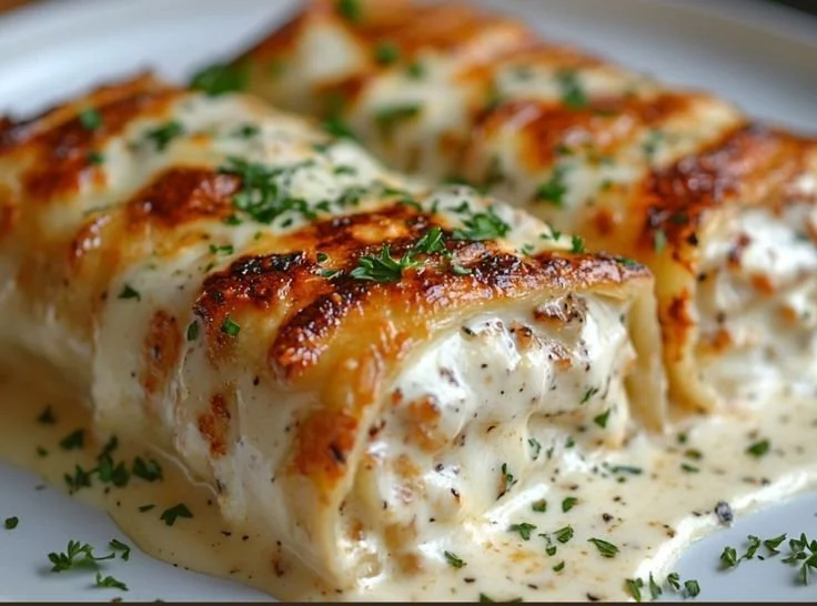 Cheesy Chicken Alfredo Lasagna Rolls ready to serve on a plate