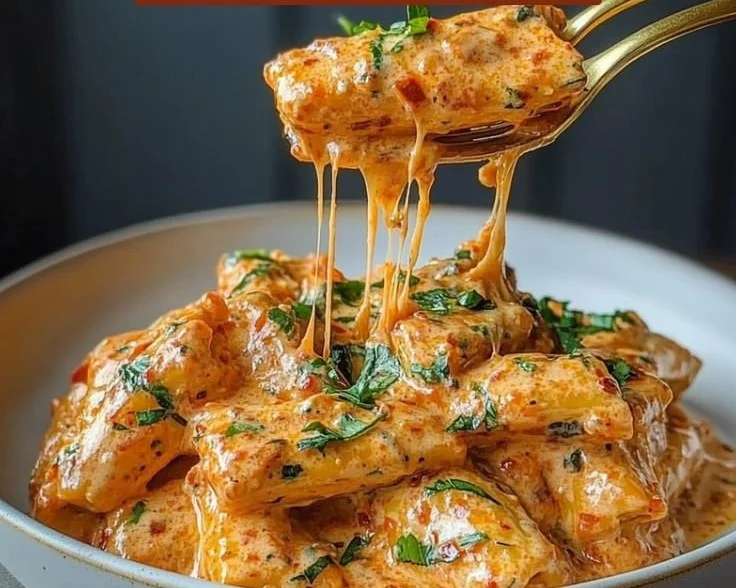 Creamy tomato garlic pasta dish garnished with fresh basil and parmesan cheese