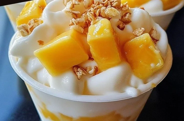 Easy creamy mango yogurt cups topped with fresh mango slices