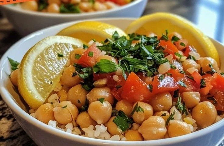 Colorful Herb Lemon Chickpea Bowl with fresh vegetables and herbs.
