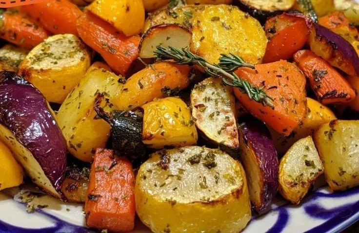 Colorful herb lemon roasted veggies in a medley dish, ready to serve.