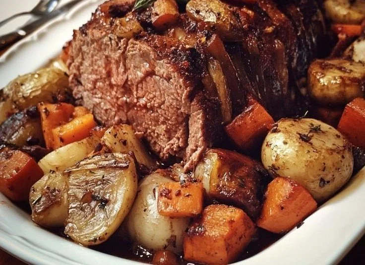 Easy juicy beef and veggie holiday roast served with fresh herbs and vegetables