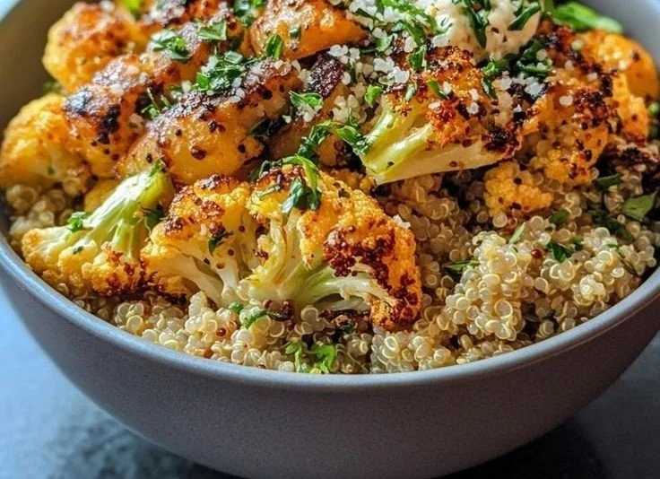 Bowl of easy roasted cauliflower quinoa topped with fresh herbs and spices