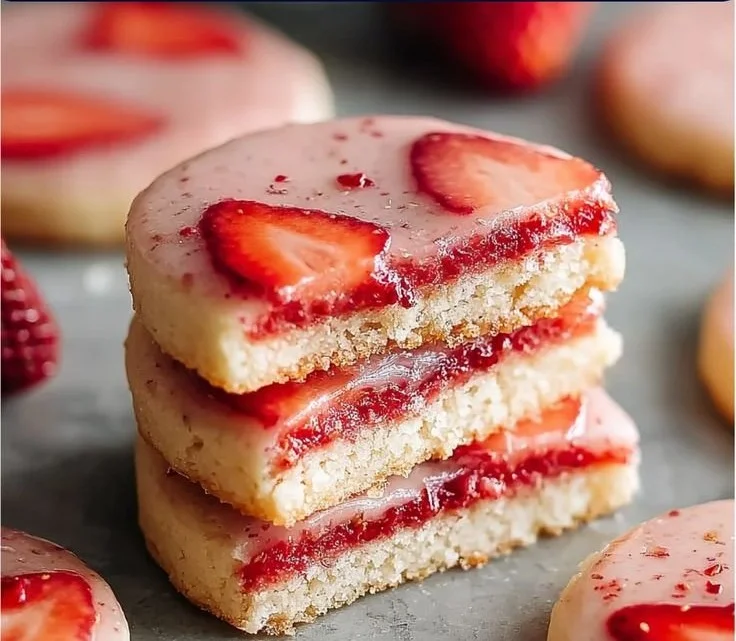 Plate of easy strawberry shortbread cookies with fresh strawberries