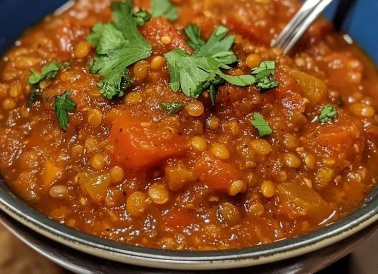 Bowl of easy Tomato Lentil Stew with fresh herbs and spices