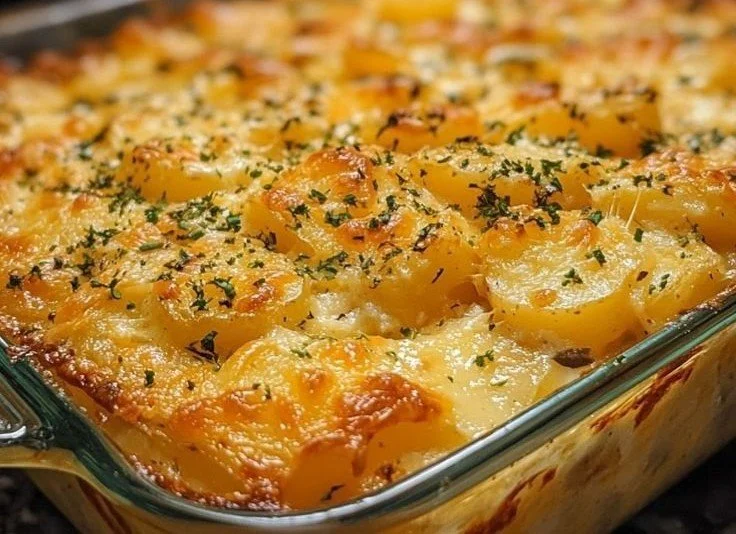 Festive cheesy potato casserole with melted cheese and golden crust