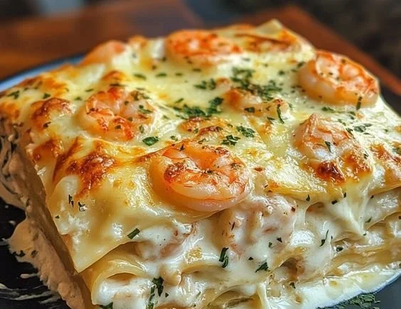 Garlic Butter Shrimp Scampi Lasagna beautifully presented in a dish