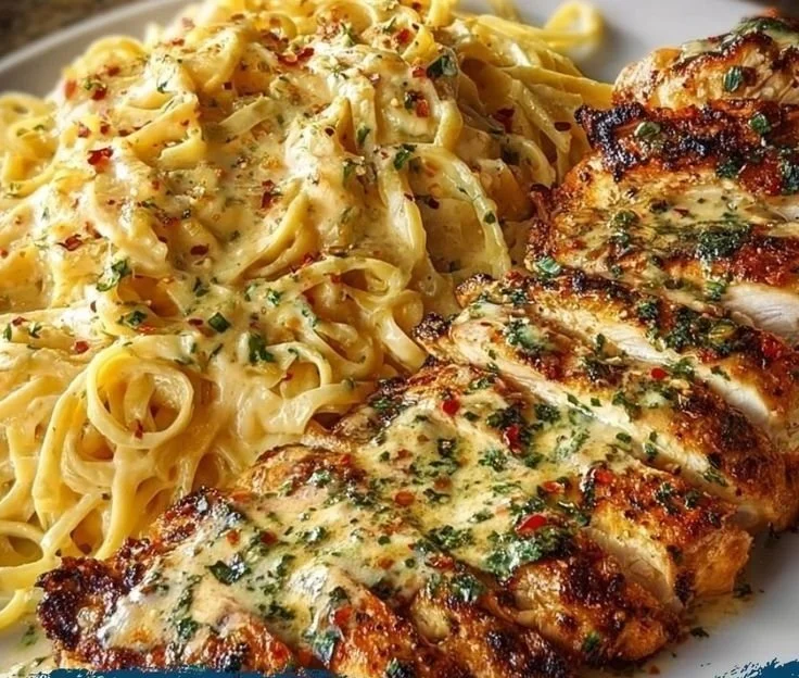 Garlic Parmesan Chicken Spaghetti in Spicy Cajun Cream Sauce dish