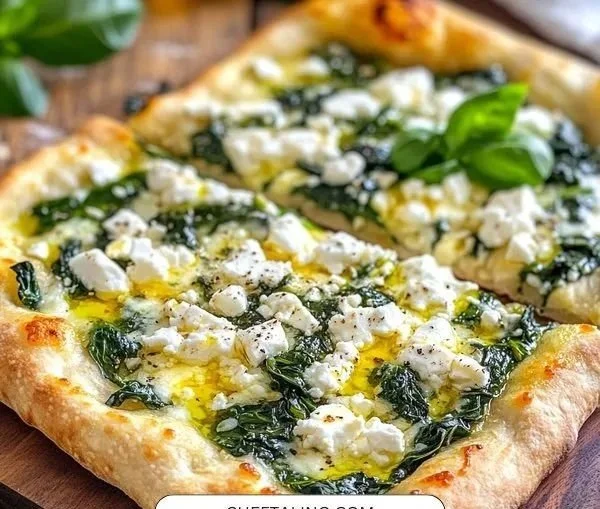 Slice of Greek Roasted Garlic Spinach White Pizza with fresh spinach and garlic