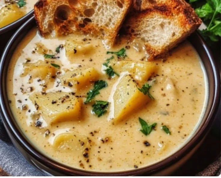Bowl of hearty cheddar garlic herb potato soup garnished with herbs