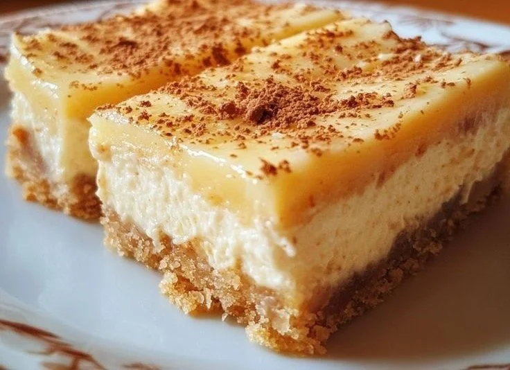 Indulgent holiday eggnog cheesecake bars on a festive plate.