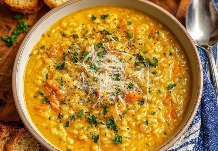 Bowl of Italian Penicillin Soup garnished with herbs.