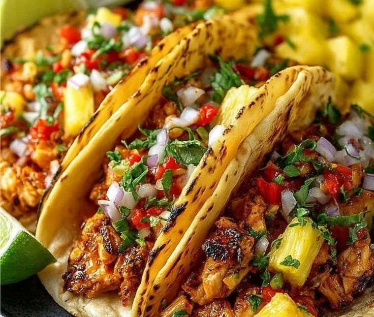 Pineapple Chicken Tacos with vibrant toppings and fresh ingredients on a plate