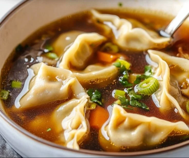 Bowl of Potsticker Soup with dumplings and green onions