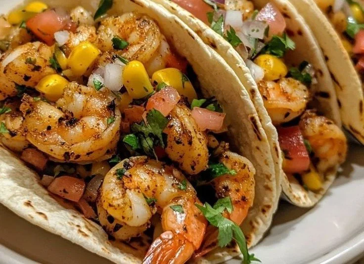 Delicious Quick Cajun Shrimp Tacos served with fresh toppings