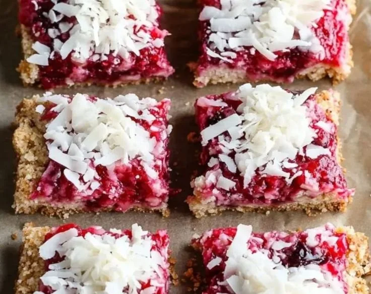 Delicious Raspberry Coconut Magic Bars topped with coconut flakes and raspberries