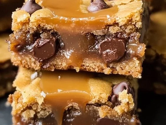 Delicious salted caramel chocolate chip cookie bars on a plate