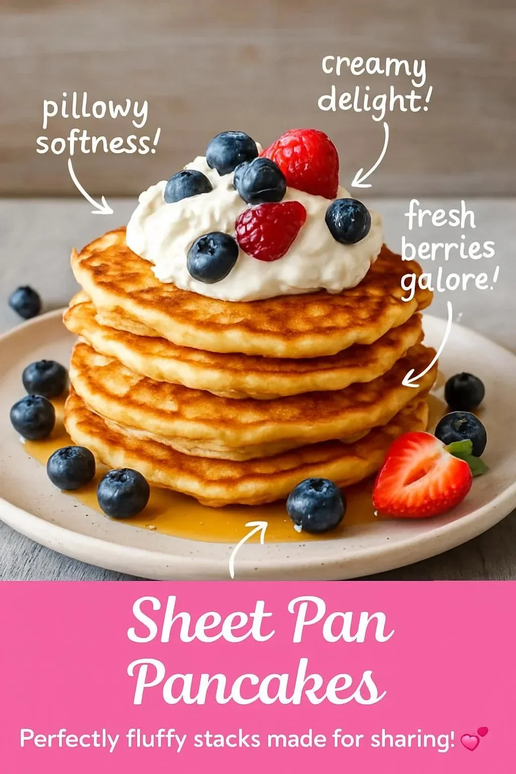 A delicious plate of fluffy Sheet Pan Pancakes served with syrup and fresh berries