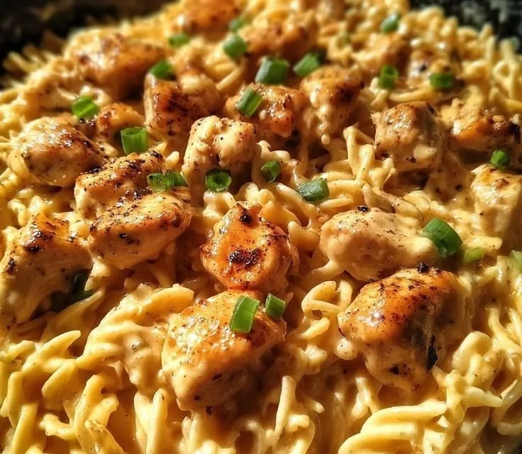 Skillet of Smoky White Cheddar Honey Butter Chicken Pasta garnished with herbs