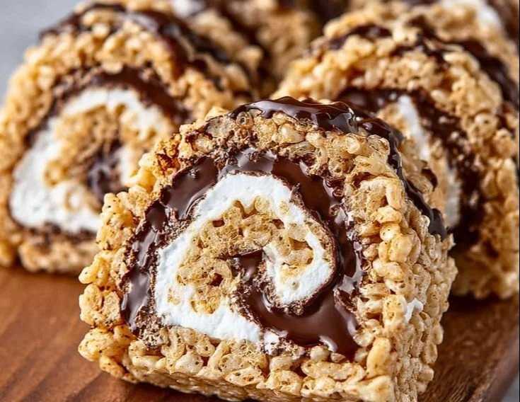 Delicious S'mores Rolled Rice Krispie Treats with marshmallows and chocolate.