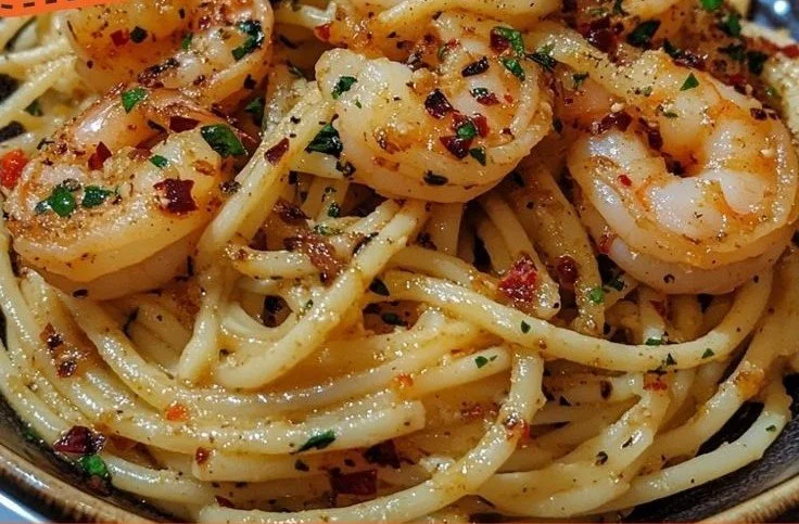 Delicious spicy garlic shrimp pasta garnished with herbs