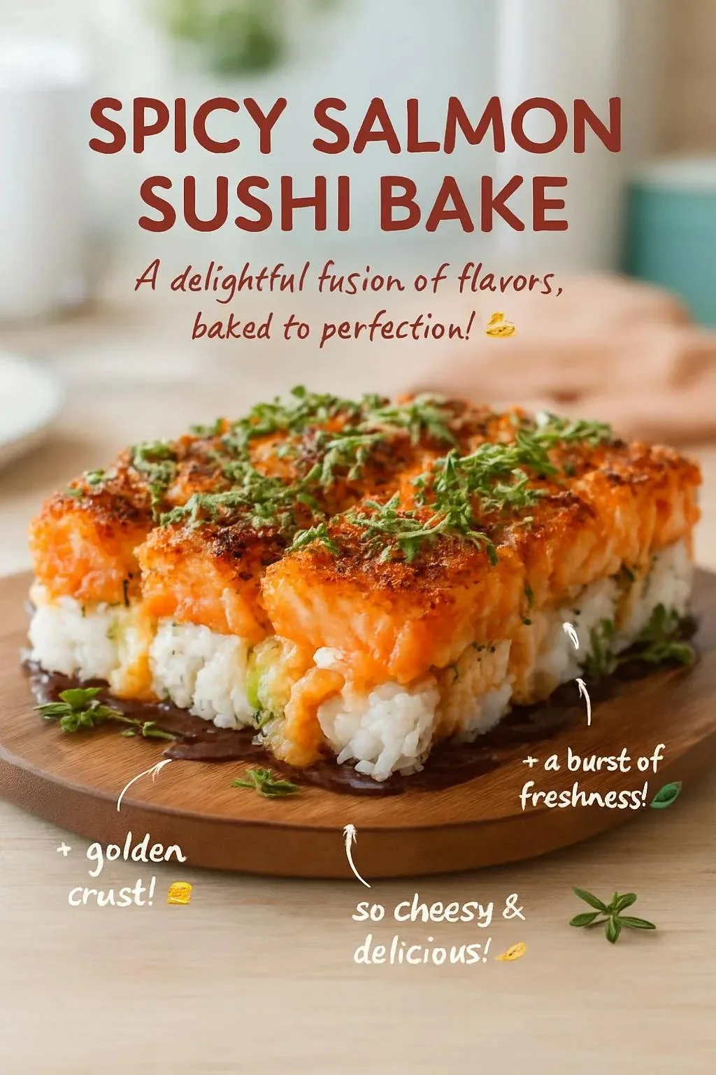 Delicious Spicy Salmon Sushi Bake topped with creamy sauce and garnished