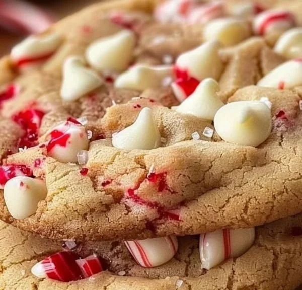 Freshly baked white chocolate candy cane cookies on a plate